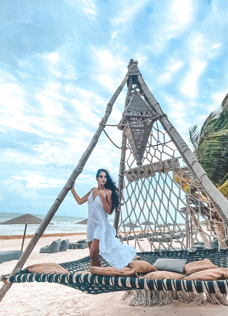 tulum beach white dress girl