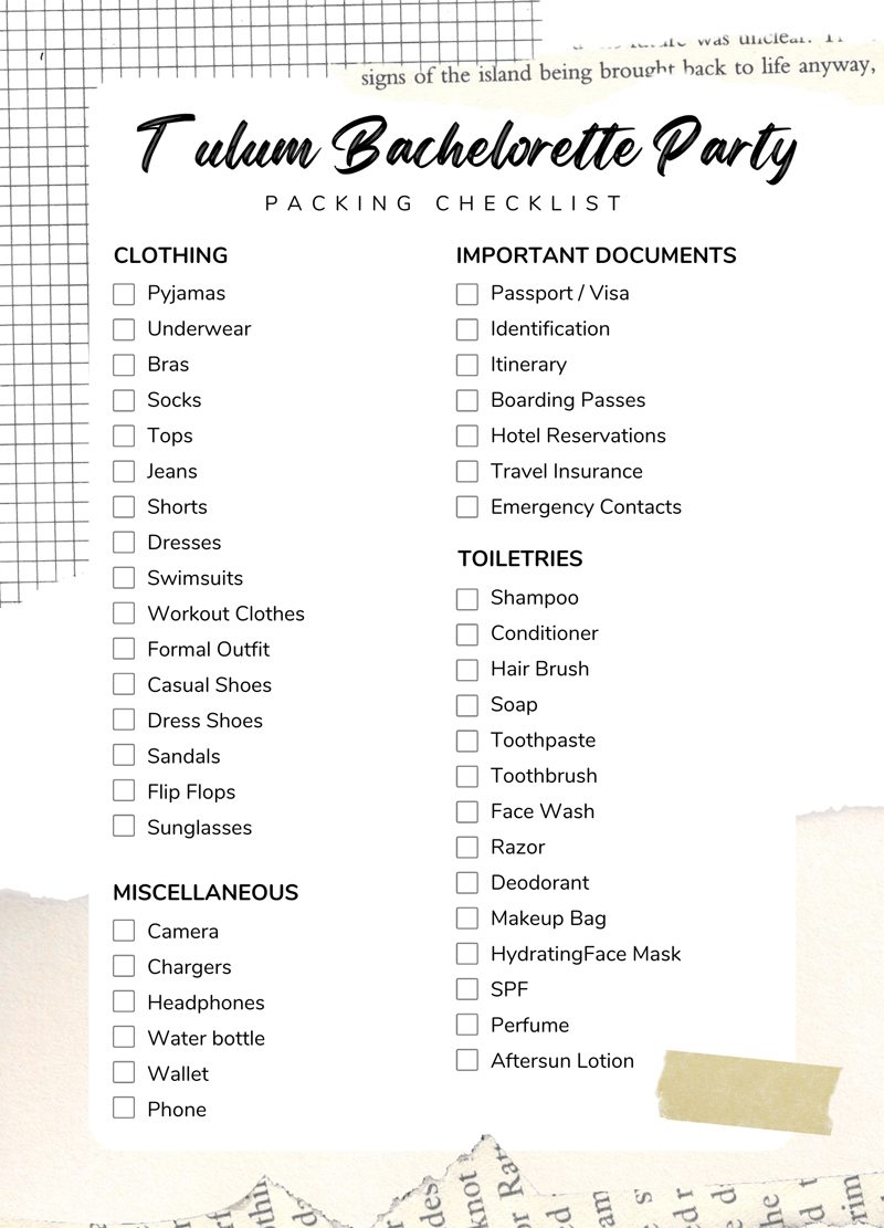 tulum bahelorette party packing checklist
